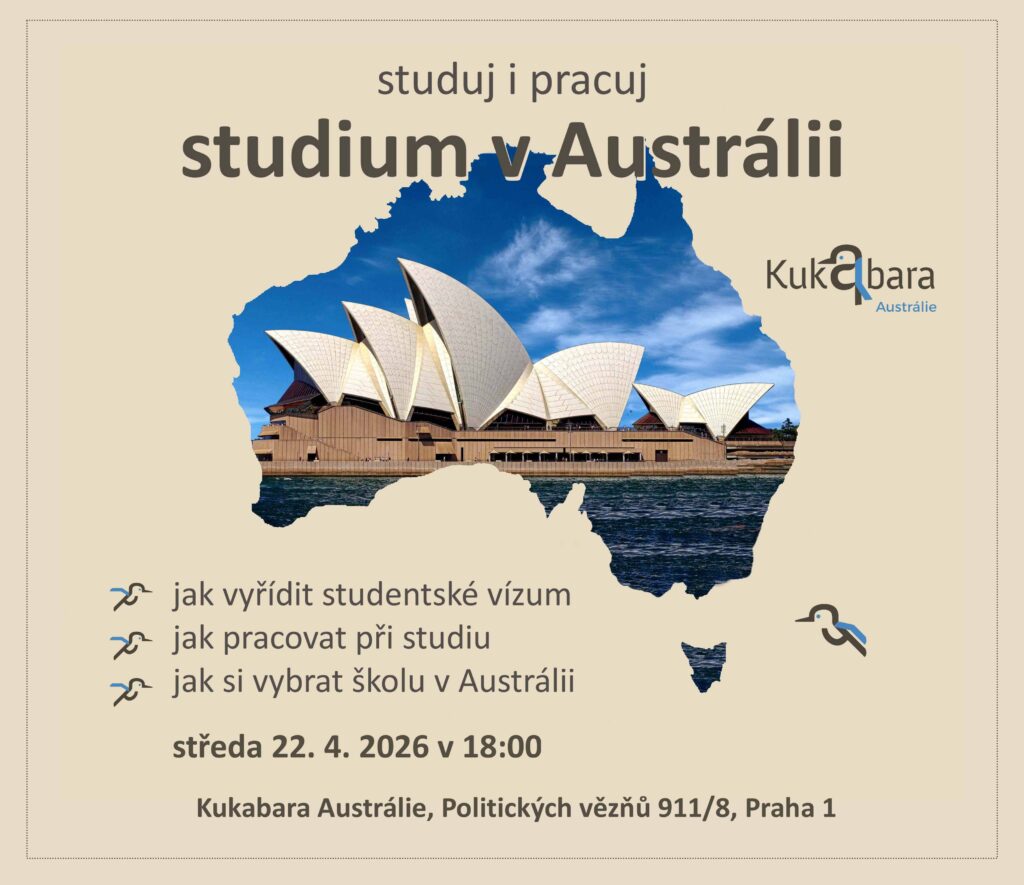 Banner s fotografií budovy Opera House v Sydney v obrysu australského kontinentu, text "studium v Austrálii"